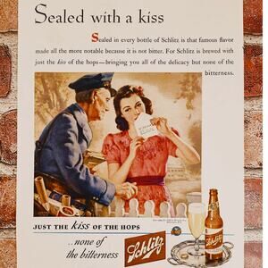 1944 Schlitz Beer "Sealed With A Kiss" Vintage WWII Print Ad  Romantic Homefront